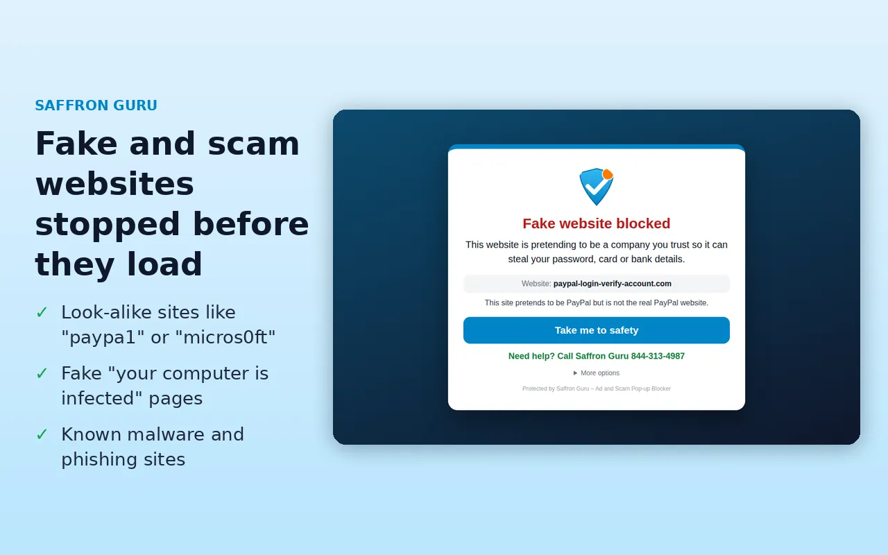 Saffron Guru Scam Pop-up Blocker stopping a fake PayPal website before it loads