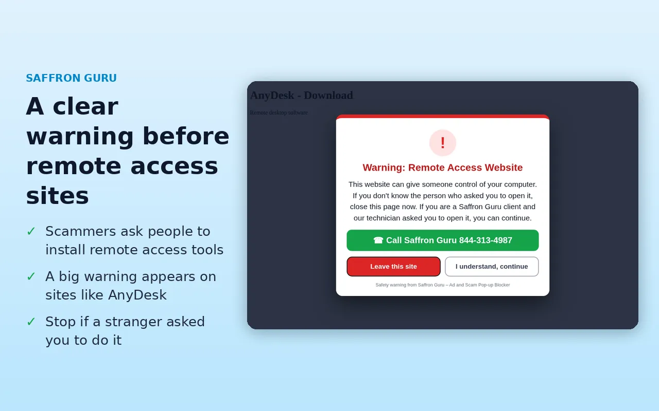 Saffron Guru Scam Pop-up Blocker warning before a remote access website like AnyDesk opens