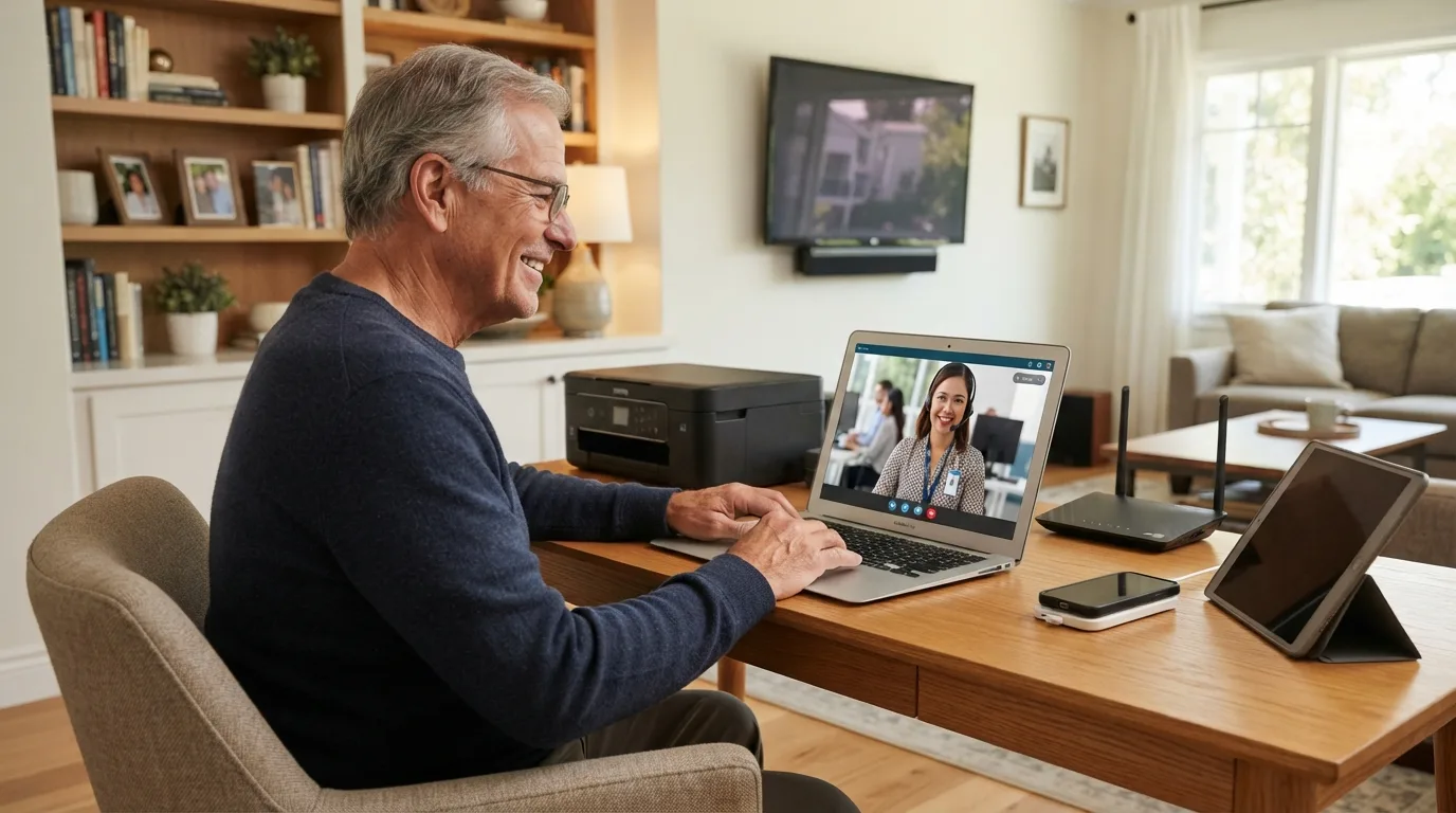 Saffron Guru home tech support: a smiling senior at home on a video call with a friendly Saffron Guru technician, with his printer, router, phone and tablet nearby