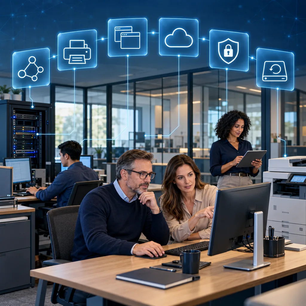 Saffron Guru Safe Support Assist for business: IT team helping an office worker, with icons for network, printer, apps, cloud, security and backup