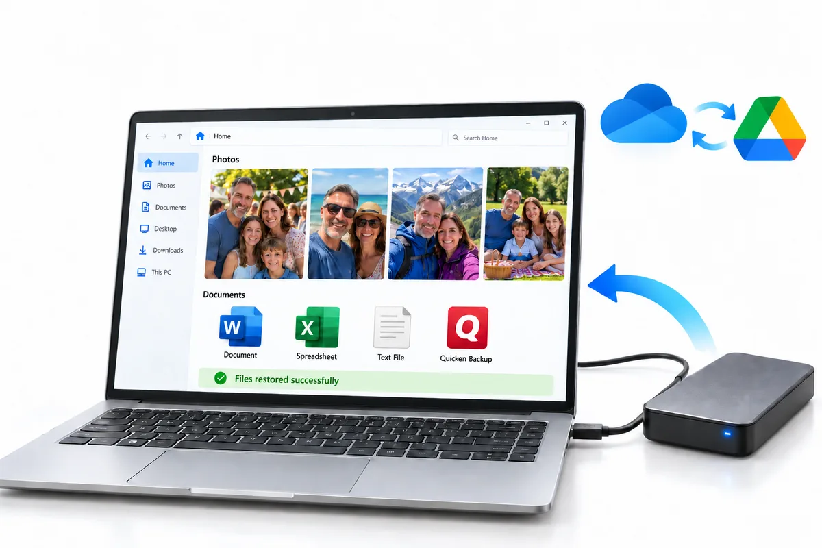 Saffron Guru data backup and recovery: family photos and documents restored from an external drive and cloud backup