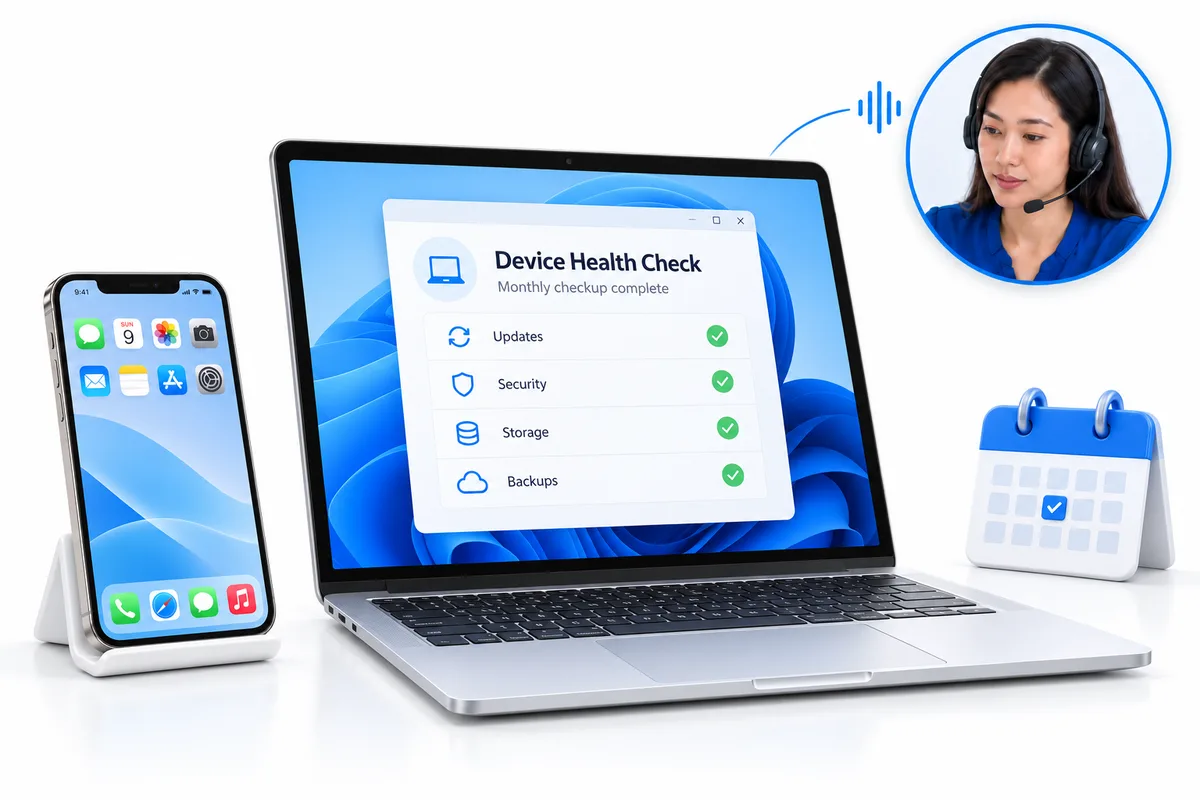 Saffron Guru monthly device health checkup: updates, security, storage and backups checked by a real technician